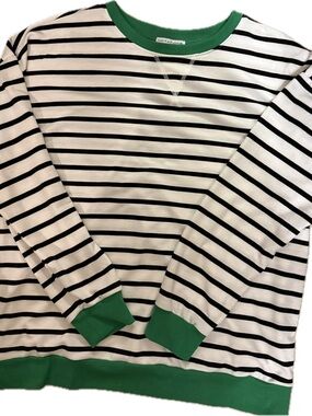 Notations Black & White Striped Top with Green Crewneck